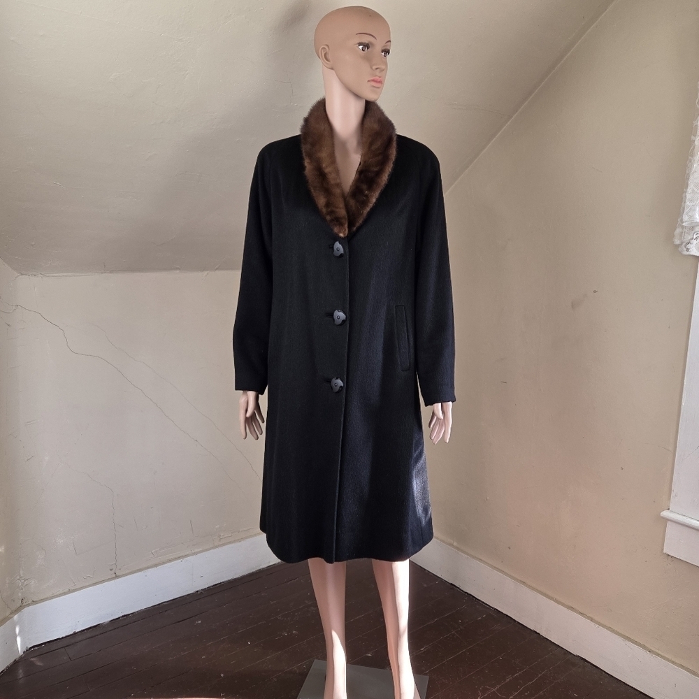 VTG Hutzler’s Baltimore Black Wool Coat Genuine Fur Collar Custom Fit Women’s M